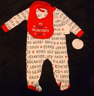 Valentine's Day Baby One-Piece with Bib - Red & White